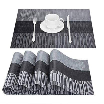 GIVERARE Placemats Set of 4, Heat-Resistant Woven Vinyl Placemat, Non-Slip Washable PVC Table Mat, Easy to Clean Premium Plastic Mats for Dining, Kitchen Table (Black+Gray) - color: Black+gray