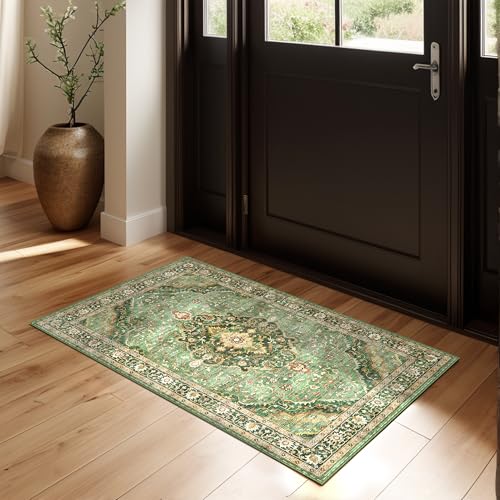 Green Area Rug Entryway Rugs for Bedroom Bathroom Kitchen - 2x3 Small Soft Rugs Low Pile Keep Off Rug Carpet Washable Rug Oriental Indoor Boho Area Rug Cute 2x3ft - color: Border Green, size: 2'x3'