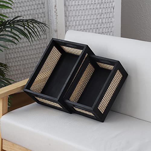 Wicker Wood Storage Baskets with Handle, Set of 2, Black - color: Black, size: Large & Small (Set of 2)