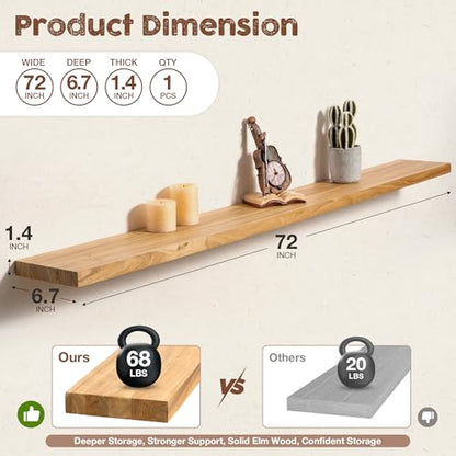 fuqing Floating Shelves for Wall, 72 Inch Rustic Solid Elm Wood Shelves - color: Natural Elm Flat Edge - 6.7"d, size: 72"L - 1Pack