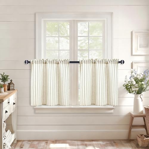 JIUZHEN Striped Linen Kitchen Curtains 2 Panels - Short Tier Drapes with Rod Pocket, Farmhouse Cafe Curtains for Small Windows 24 Inch Length, Vertical Striped Green - color: Vertical Striped Green, size: 26"W x 24"L (Pack of 2)