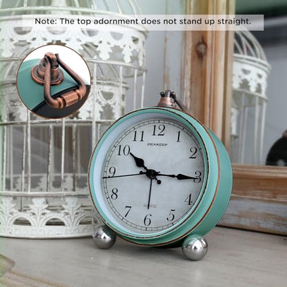 Peakeep 4" Small Battery Operated Analog Alarm Clock, Antique Retro Style - color: Aqua
