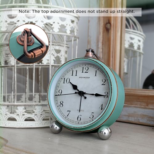 Peakeep 4" Small Battery Operated Analog Alarm Clock, Antique Retro Style - color: Aqua