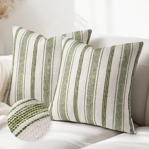 AELS 18x18 Decorative Farmhouse Linen Throw Pillow Covers, Beige with Olive Green Chenille Striped Pillow Case, Set of 2, Boho Textured Cushion Cover for Sofa Couch Living Room (Cover ONLY) - color: Beige With Olive Green, size: 18" x 18" (Pack of 2)