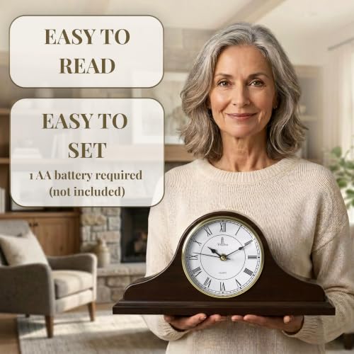 Mantel Clock for Fireplace, Solid Wood Silent Non-Chiming Mantle Clock - color: Dark Brown