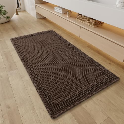 RESARE Waffle Bathroom Runner Rugs, Non Slip Boho Bath Mat 24x48 Dark Brown | Long Absorbent Bathroom Floor Mats Machine Washable Quick Dry, Soft Solid 2'x4' Bath Rugs with Tassels, Ideal Farmhouse Decor - color: Chocolate, size: 2' X 4'