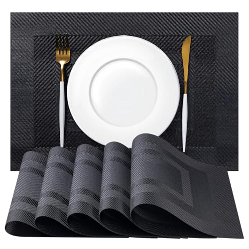 Placemat Set of 4 - Easy Clean Woven Vinyl Placemats for Dining Table, Indoor/Outdoor Place Mats, Washable PVC Table Mats（Black Cube） - color: C-black Cube