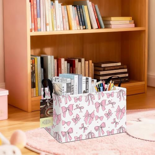 Rectangle Foldable Storage Basket Handles For Home, Pink Bow - color: REC-Pink Bow