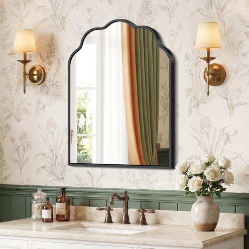Arched Scalloped Mirror, 18×24Inch Black Mirror for Bathroom, Wavy Wall Mounted Vanity Mirror with Aluminum Alloy Frame for Livingroom Bedroom and Entryway, Tempered Glass - color: Black, size: 24"L x 18"W