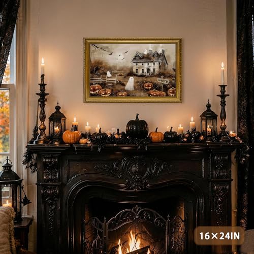 AVECCO Halloween Haunted Pumpkin House Ghost Wall Art Framed Canvas 8x10 in - color: Castle, size: 10"L x 8"W