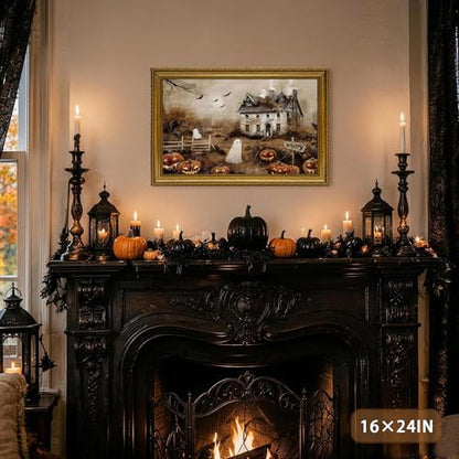 AVECCO Halloween Haunted Pumpkin House Ghost Wall Art Framed Canvas 8x10 in - color: Castle, size: 10"L x 8"W