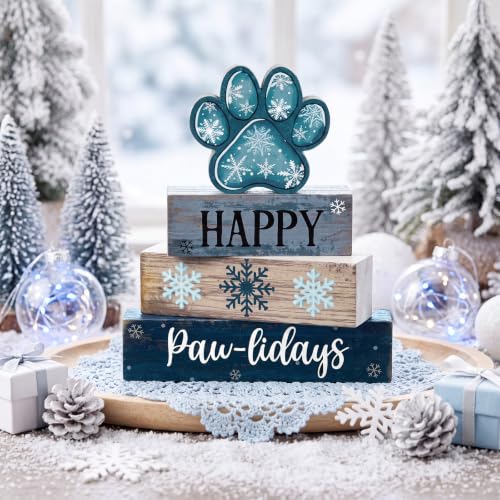 Amyhill 4 Pcs Winter Dog Paw Tiered Tray Wooden Table Sign Decor - style: Winter