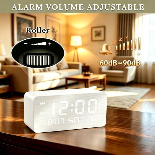 Premium White Wooden Digital Alarm Clock with Wireless Phone Charger, USB Charging Ports, Dimmable LED Display, Date & Day of Week, Temperature, Digital Desk Clock for Bedroom Nightstand Bedside Table - color: White