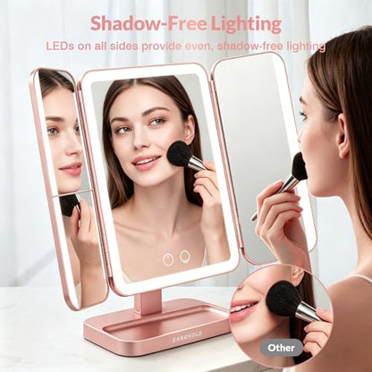 EASEHOLD Trifold Lighted Makeup Vanity Mirror with Lights and Magnification - color: Rose Gold - Rechargeable-5000 Mah-3 Sides Light