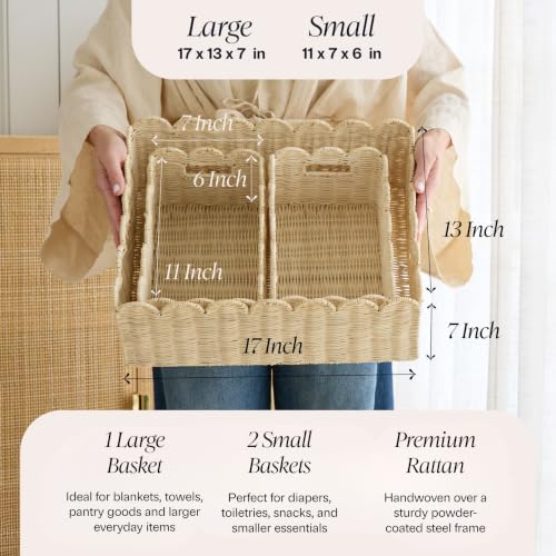 BEBE BASK Handwoven Scalloped Wicker Basket Set of 3 (17 × 13 × 7 in) - color: Natural