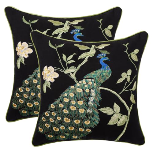 Holibeat Embroidered Flower Birds Throw Pillow Covers Spring Decorative Flower Pillowcases (Black, 20" x 20" (Pack of 2)) - color: Black, size: 20" x 20" (Pack of 2)