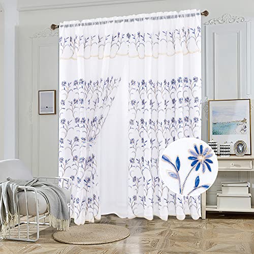 OPT Brand. 2 Layers One Panel Voile Sheer Embroidered Rod Pocket Window Curtain Panel and Valance 81063 (Navy) - color: Navy