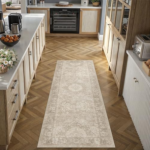 PureCozy 2x6 Washable Runner Rug Beige Vintage Oriental Medallion - color: Beige, size: 2' x 6' (Runner)