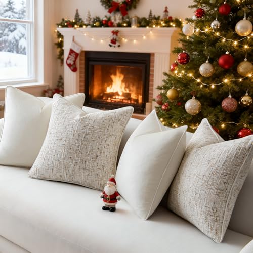 a moment Beige 4 Pack Throw Pillow Covers - Chenille & Velvet Set with Piping, Farmhouse Textured Design Cushion Cases for Couch Sofa Bed (20x20 Inch, No Insert) - color: Beige, size: 20" x 20" (Pack of 4)