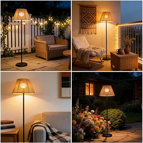Solar Outdoor Floor Lamp with Rattan Shade, Adjustable Height
