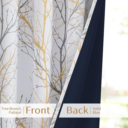 FMFUNCTEX 100% Blackout Mustard Yellow Branch Curtains 84 Inch 2 Panels - color: Grommet | Mustard Yellow, size: 52"W x 84"L (Pack of 2)