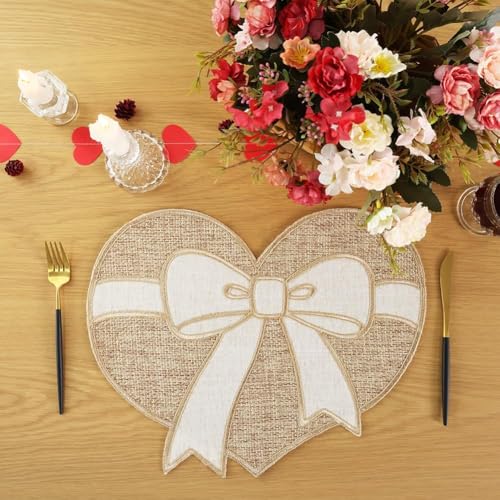 Feuille Valentines Placemat Set of 4,Farmhouse Burlap Heart Bow Valentines Day & Anniversary Placemat Rustic Table Decor for Dining Table - style: Heart Bow