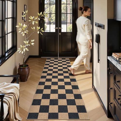 Lahome Checkered Easy Jute Kitchen Runner Rug, 2x8 Outdoor Rugs Washable - color: Black/Checkerboard -1, size: 2'6" x 8' (Runner)
