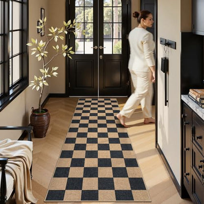 Lahome Checkered Easy Jute Kitchen Runner Rug, 2x8 Outdoor Rugs Washable - color: Black/Checkerboard -1, size: 2'6" x 8' (Runner)
