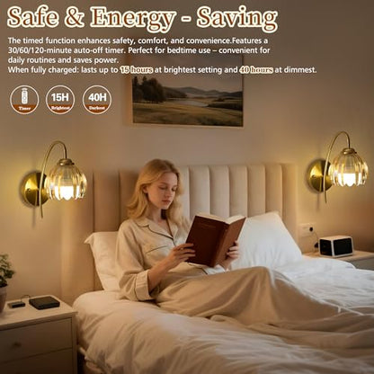Battery Operated Wall Sconces Set of 2, Amber Tulip Glass Wall Lights | Rechargeable flower wall lamps with remote control, 15 colors, 10-level dimming and timer for bedroom and living room - color: Amber Tulip