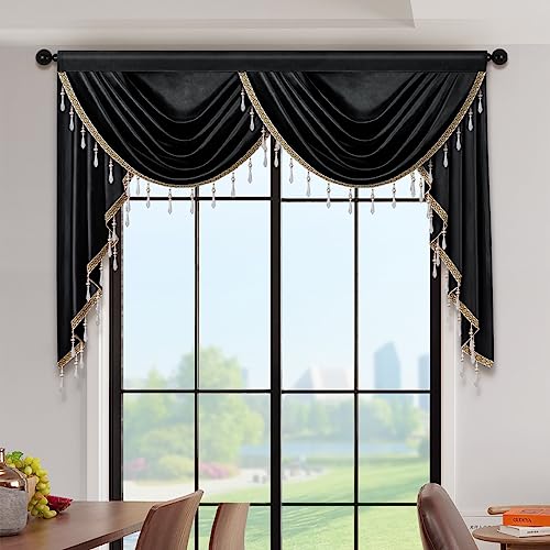 ELKCA Luxury Black Velvet Curtain Valances for Living Room with Beads(59inch,1 Panel) - color: Black, size: 59"W x 43"L (Pack of 1)