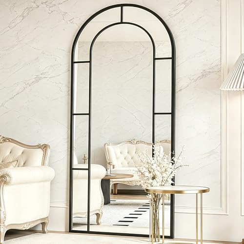 Arched Full Length Mirror, 56"x22" Large Window Floor Mirror, Farmhouse Pane Mirrors with Metal Framed, Full Body Wall or Leaning Mirrors for Bedroom, Living Room (Black) - color: Antique Mirror-black, size: 56"L x 22"W