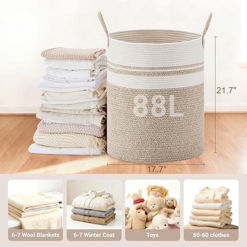 88L Large Tall Cotton Rope Laundry Basket with Handles, White & Brown - color: Brown & White, size: 88L