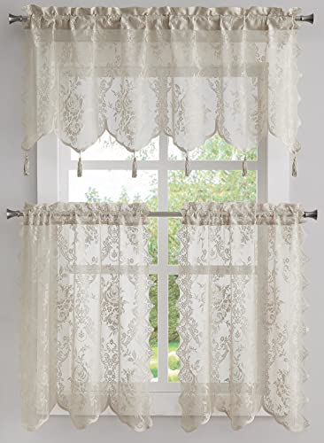 Warm Home Designs 3 Piece Lace Kitchen Tiers & Valances. L Linen Set 24 - color: Brown Linen, size: 30"W x 24"L (Pack of 3)