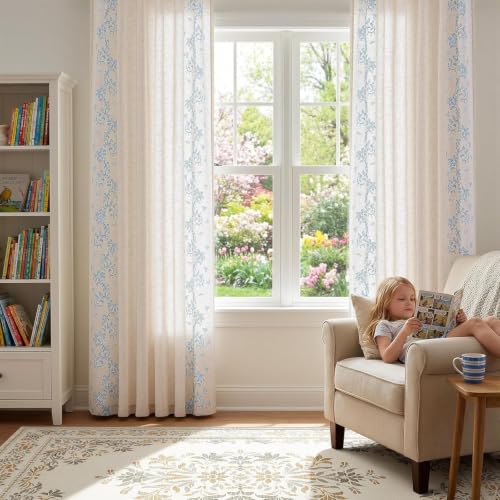 jinchan Floral Linen Curtains, Back Tab 50x84 Inch, 2 Panels Blue - color: Vine | Sky Blue, size: 50"W x 84"L (Pack of 2)
