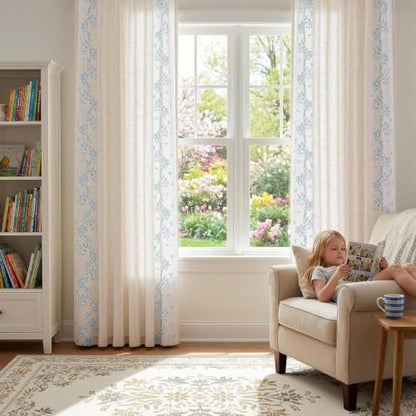 jinchan Floral Linen Curtains, Back Tab 50x84 Inch, 2 Panels Blue - color: Vine | Sky Blue, size: 50"W x 84"L (Pack of 2)