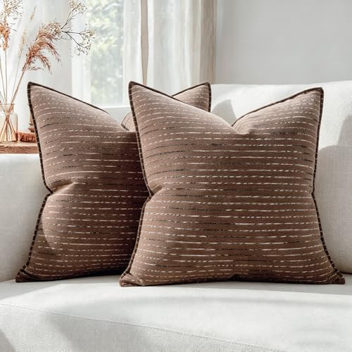 NUYECY Soft Chenille Decorative Throw Pillow Covers 20x20 Set of 2,Brown Neutral Couch Pillow Covers Striped Textured Farmhouse Pillowcases for Modern Home Decor Bed Sofa Living Room Bedroom - color: Chocolate Brown, size: 20" x 20" (Pack of 2)