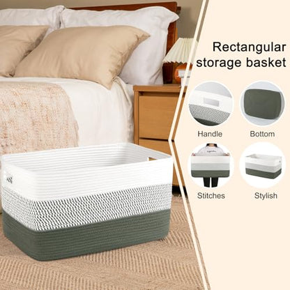 OIAHOMY Blanket Basket Laundry Basket Dog Toy Basket 75L Green/White - color: Green/White, size: 22”x17”x12”
