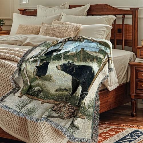 Log Cabin Bear Family Woven Tapestry Throw Blanket 50"x60" - color: Bear Family