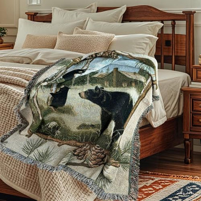 Log Cabin Bear Family Woven Tapestry Throw Blanket 50"x60" - color: Bear Family