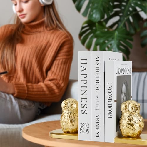 Book Ends, Bookends Gold Owl Bird, Kids Rooms, Non-Skid Bookend, Heavy Duty Resin Book Stopper for Books, Bookends for Shelves, Decorative Holder, Gift for Women, 9.05 * 3.7 * 4.72'' Gold