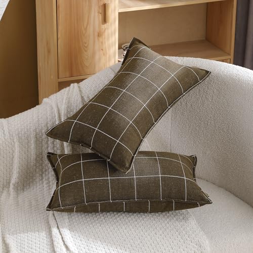 Pure Linen Plaid Throw Pillow Covers 12x20, Set of 2, Khaki - color: Khaki, size: 12x20inch