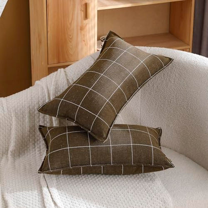 Pure Linen Plaid Throw Pillow Covers 12x20, Set of 2, Khaki - color: Khaki, size: 12x20inch