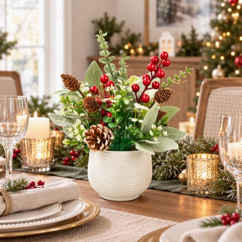 Der Rose Christmas Centerpiece for Tables, Small Fake Plants in White Pot - color: Red