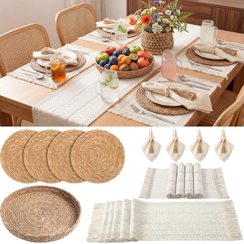 Boho Kitchen Decor Table Runner and Placemats Set, White, 4 Sets, 12x72inch | Farmhouse Rustic Natural Set with Table Runner, Woven Placemats, Napkin Rings & Basket, Perfect for Dining Table & Home Decor - color: White, size: 12x72''