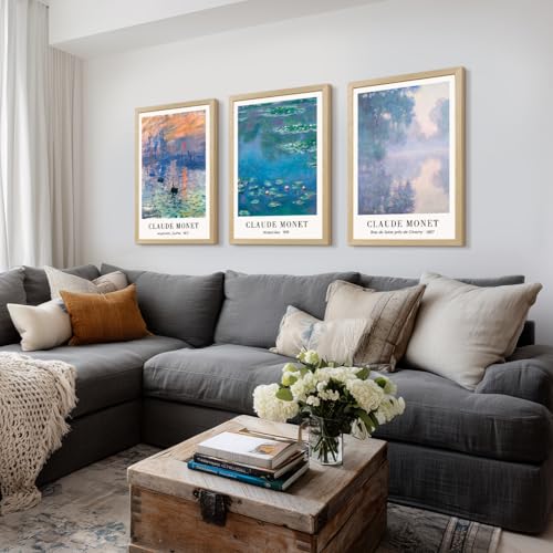 LLEEMPI Claude Monet Water Lilies Wall Art Set of 3, 12x16 Framed Prints - color: MonetWaterLily(Wood), size: 16"L x 12"W