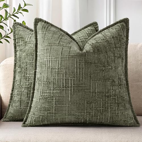 decorUhome Chenille Decorative Throw Pillow Covers 18x18 Set of 2, Olive - color: Olive Green, size: 18" x 18" (Pack of 2)