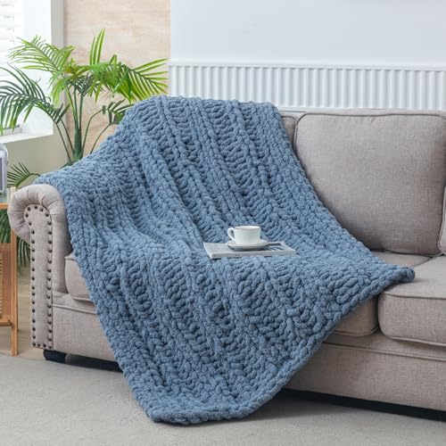 WESHIONGOO Chunky Knit Blanket Throw for Couch Bed 40"×60" Dusty Blue - color: Dusty Blue, size: 40"x60"(Medium Size Throw)