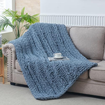 WESHIONGOO Chunky Knit Blanket Throw for Couch Bed 40"×60" Dusty Blue - color: Dusty Blue, size: 40"x60"(Medium Size Throw)
