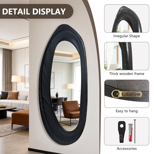 POZINO 63"x26" Irregular Full Length Mirror, Asymmetrical Oval Wall Mirror - size: 63"L x 26"W