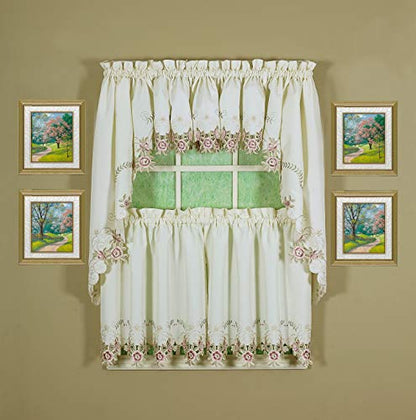 Today's Curtain Verona Reverse Embroidery Tier, 24", Ecru/Rose, 60"W X 24"L - color: Ecru/Rose, size: 60"W x 24"L (Pack of 1)